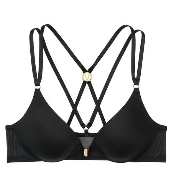 VS Victoria Secret Black Very Sexy Plunge Push Up Bra 32D Cage Crystal Strappy - Picture 2 of 12